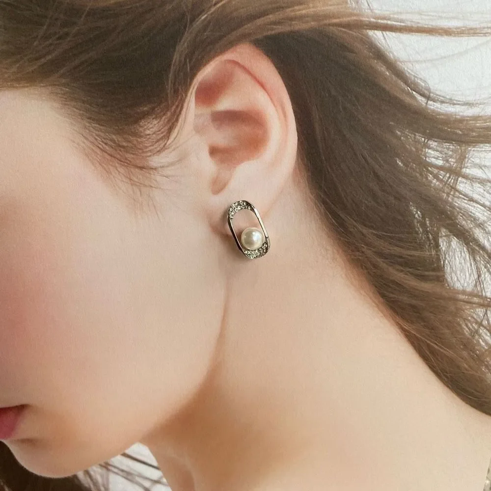 Square Frame CZ Pearl Silver Earrings Studs